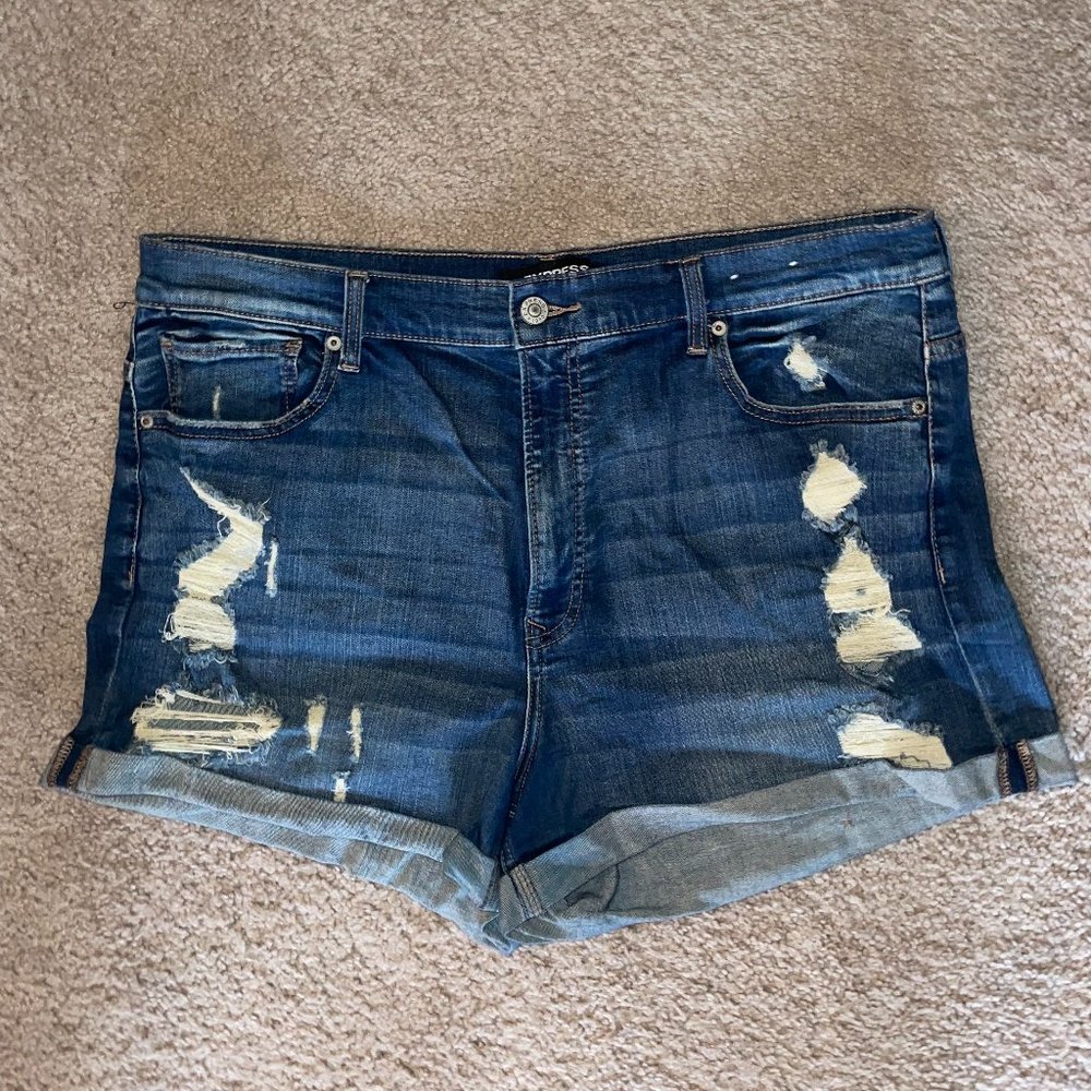 Express Performance Stretch High Rise Distressed Shorts
